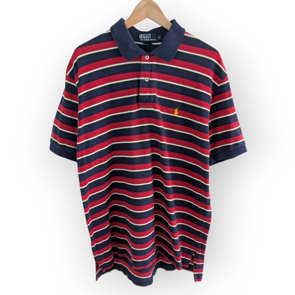 Vintage Polo Ralph Lauren Navy and Red Striped Polo Short Sleeve Shirt XL